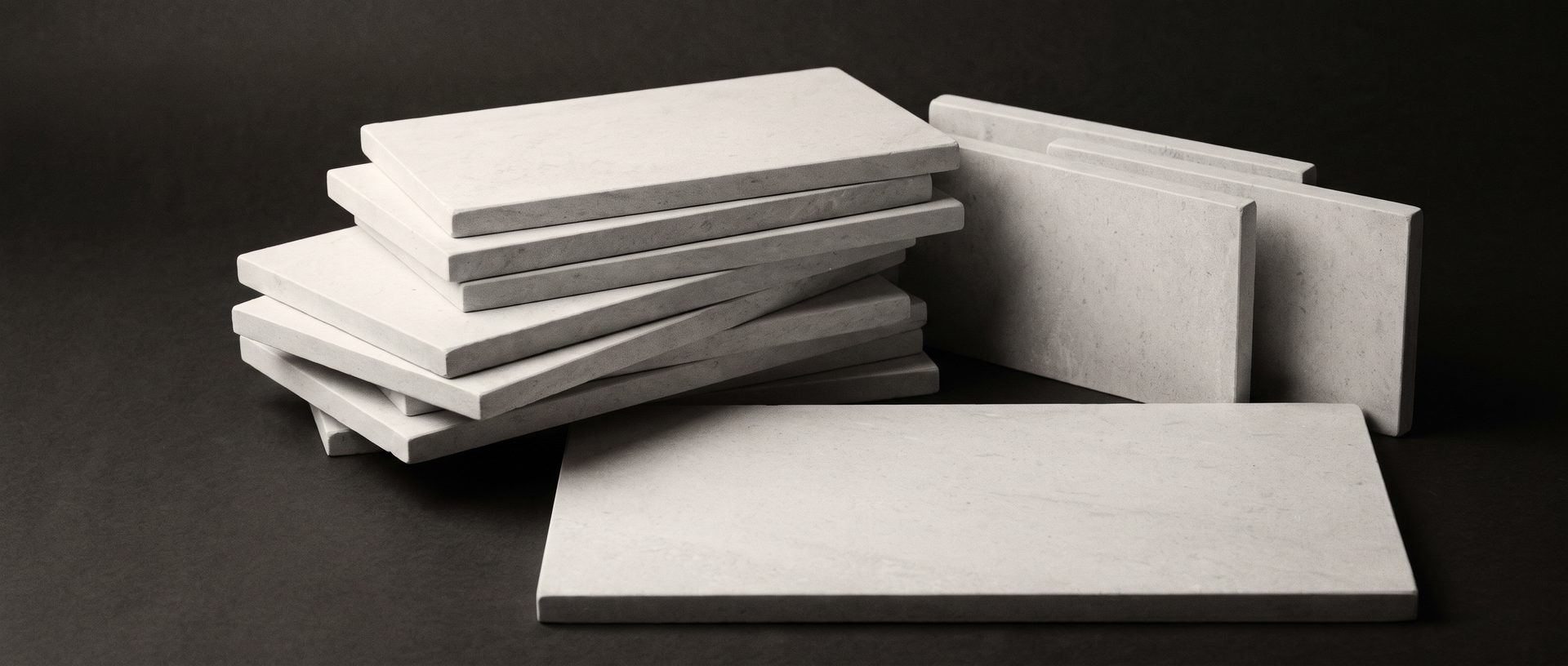 A loose stack of rectangular blank stone tablets leaning diagonally next to three upright slabs on a dark surface.