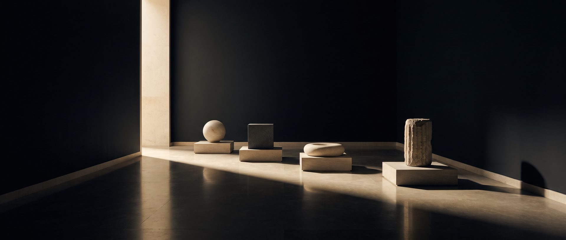 A wide dark museum interior with four low stone plinths arranged in a raking beam of light; each plinth holds one distinct geometric object — a pale sphere, a dark cube, a pale torus, and a weathered column fragment.